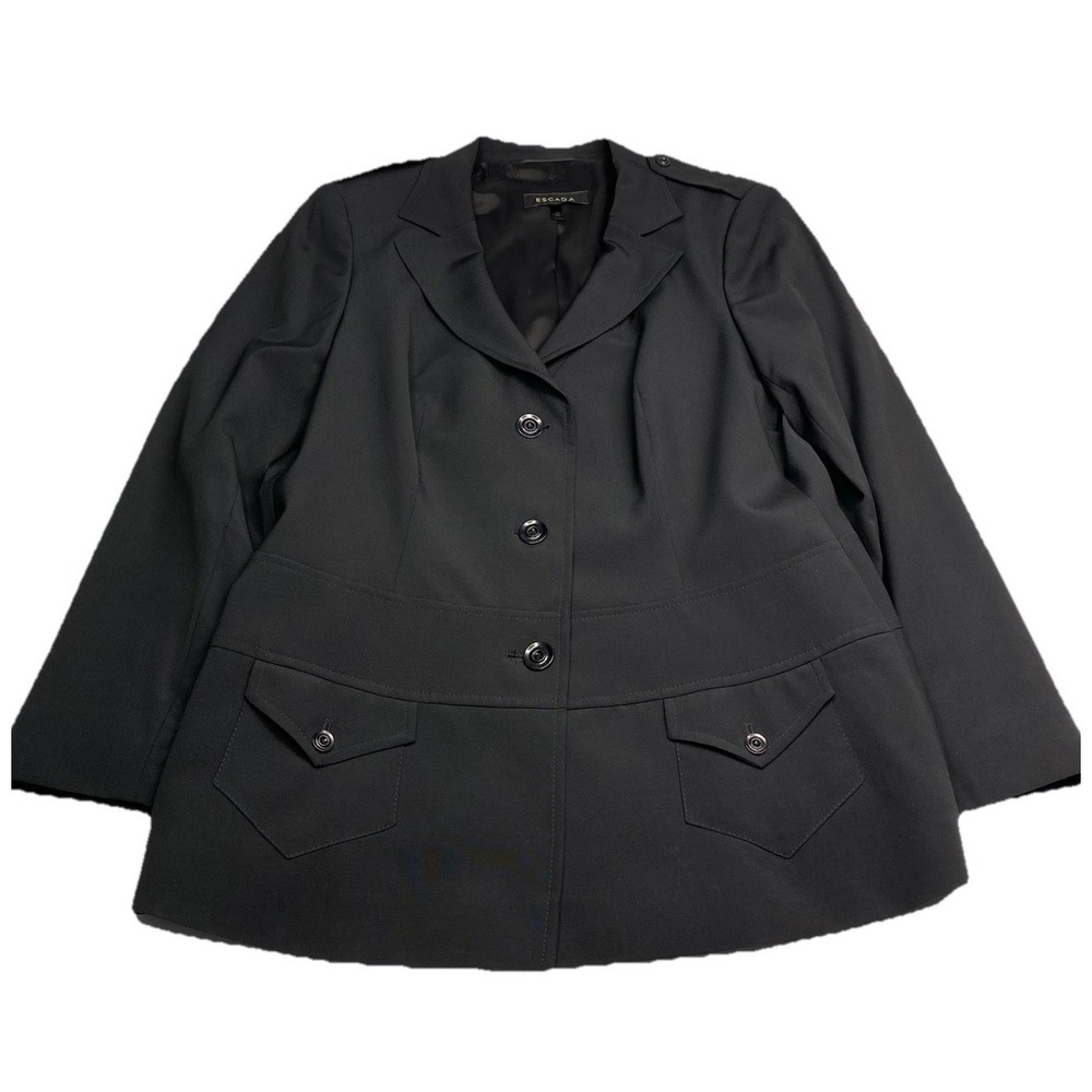 Escada Womens Black Virgin Wool Blend Military Style Blazer Jacket Size 44